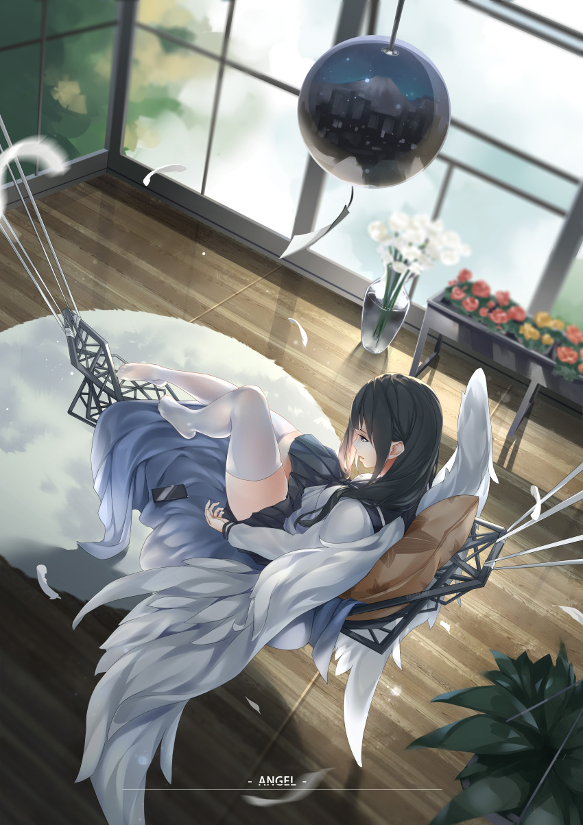 1girl, absurdres, angel_wings, black_hair, black_skirt, blouse, cellphone, chitanda_eru