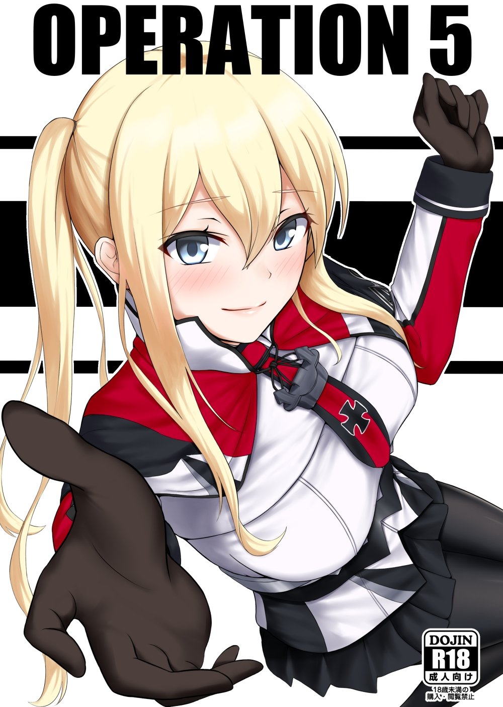 1girl, black_gloves, black_legwear, blonde_hair, breasts, capelet, celtic_knot, commentary_request