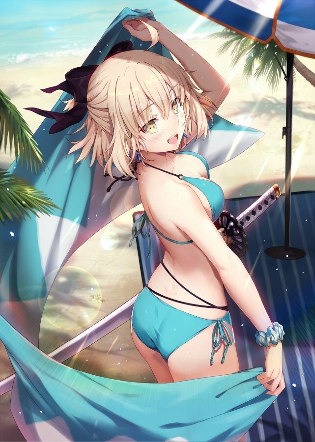 1girl, :d, ahoge, ass, beach_mat, beach_umbrella, bikini, black_bow