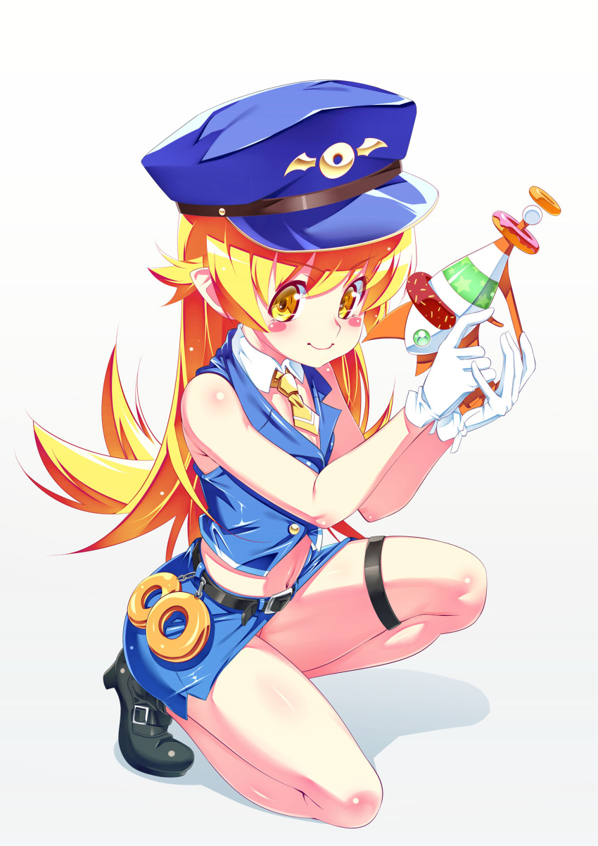 1girl, bangs, blonde_hair, blush_stickers, cuffs, detached_collar, doughnut, eyebrows_visible_through_hair