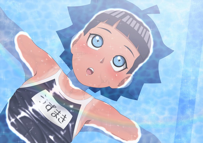 1girl, :o, afloat, ahoge, bangs, bare_shoulders, black_hair, black_swimsuit