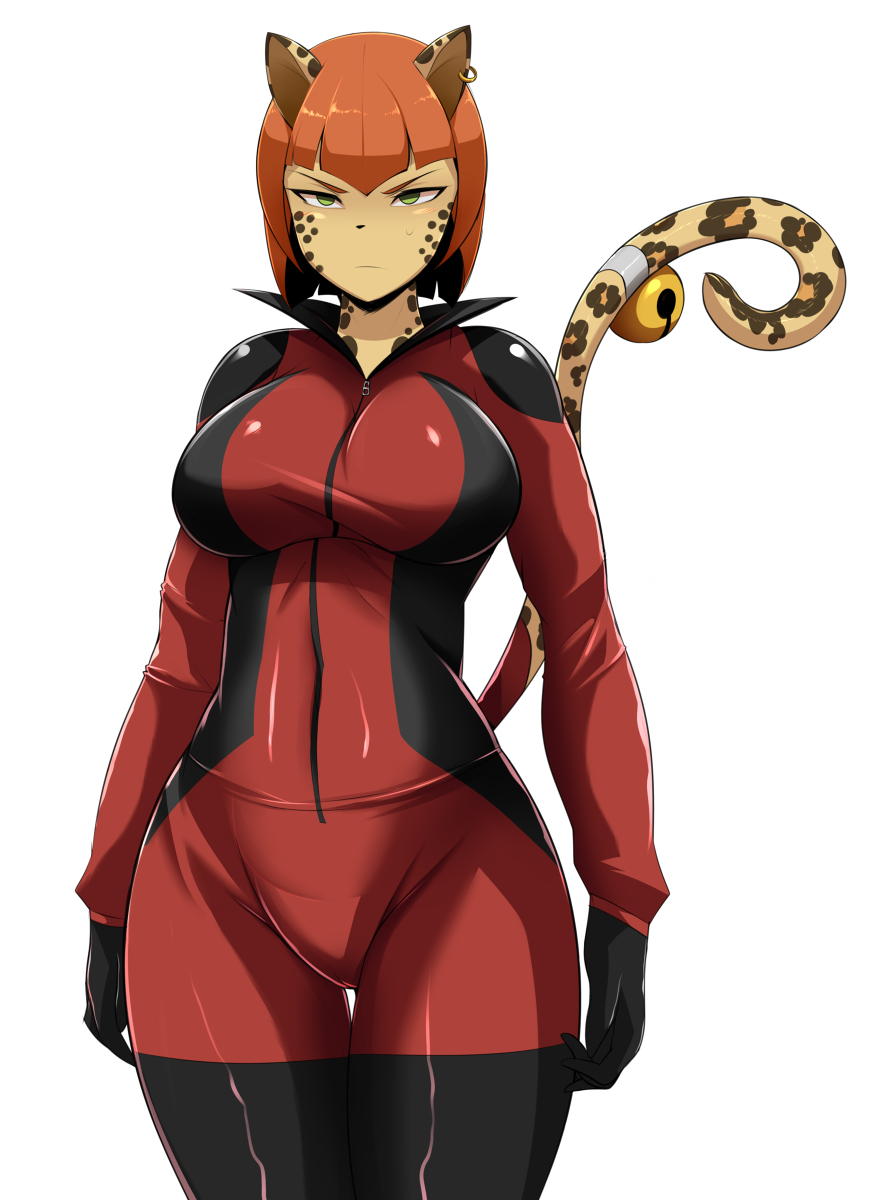 1girl, bell, black_gloves, bodysuit, catgirl, earring, green_eyes, large_breasts
