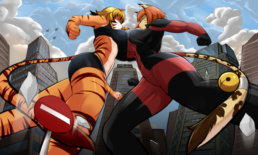 2girls, bell, blonde_hair, bodysuit, buildings, cat_ears, cloudy_sky, furry