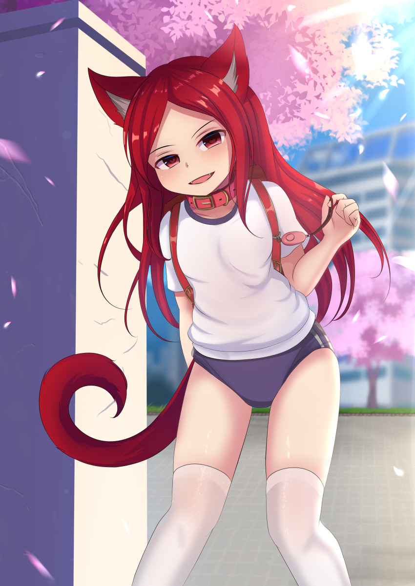 1girl, absurdres, animal_ears, backpack, bag, blue_buruma, blurry, blurry_background