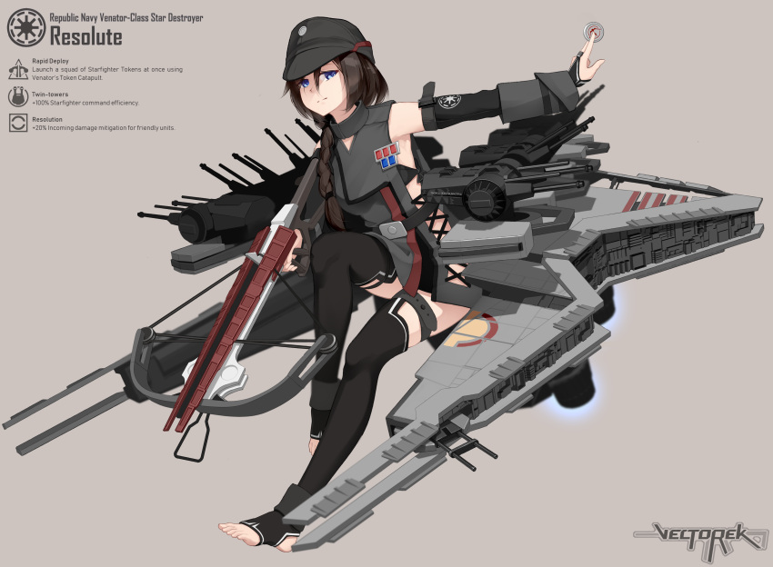 1girl, absurdres, blue_eyes, bow_(weapon), braid, brown_hair, crossbow, galactic_republic, hat, highres, mecha_musume, personification, star_wars, turret, vectorek, weapon