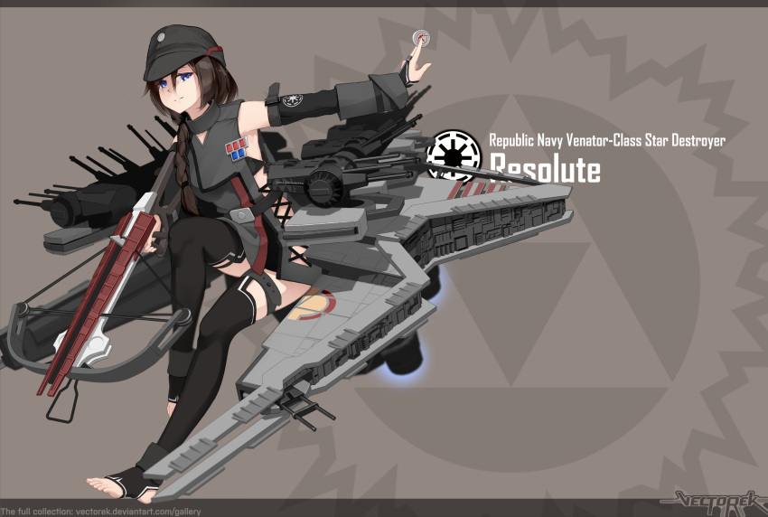 1girl, blue_eyes, bow_(weapon), braid, brown_hair, crossbow, galactic_republic, hat, highres, mecha_musume, personification, resolute, space_craft, star_wars, vectorek, weapon