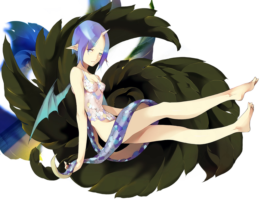 barefoot, bat_wings, blue_eyes, blue_hair, dragon_girl, feet, horn, horns