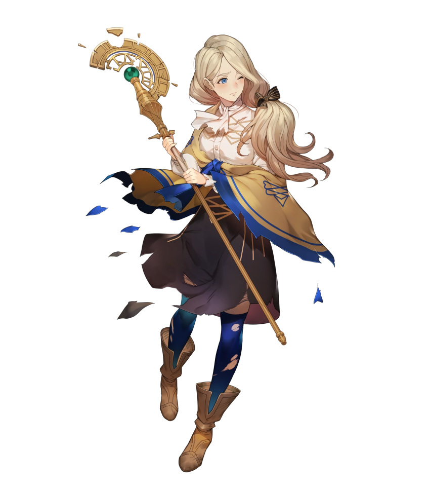1girl, blonde_hair, blue_eyes, blue_legwear, boots, bow, capelet, dress