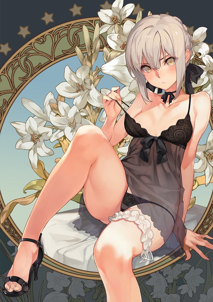 1girl, arm_at_side, arm_support, artoria_pendragon_(all), bangs, bare_arms, bare_legs, black_footwear