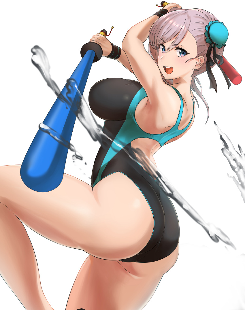 1girl, absurdres, ass, back, bangs, bare_shoulders, black_ribbon, black_swimsuit