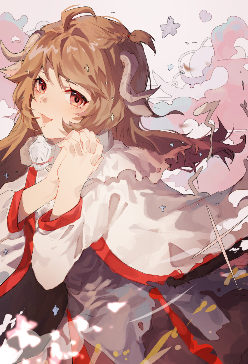 1girl, :d, ahoge, animal_ears, arknights, bokuken, brown_hair, cow_ears