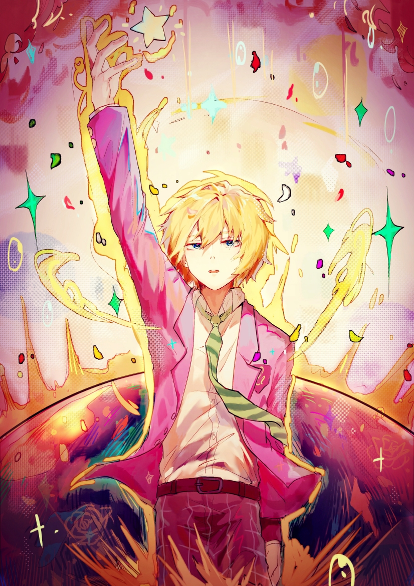 1boy, arm_at_side, arm_up, aura, belt, blonde_hair, blue_eyes, bokuken