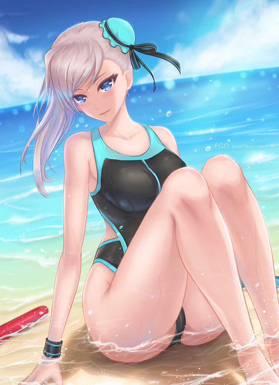 1girl, arm_support, ass, asymmetrical_hair, beach, black_swimsuit, blue_eyes, blue_sky