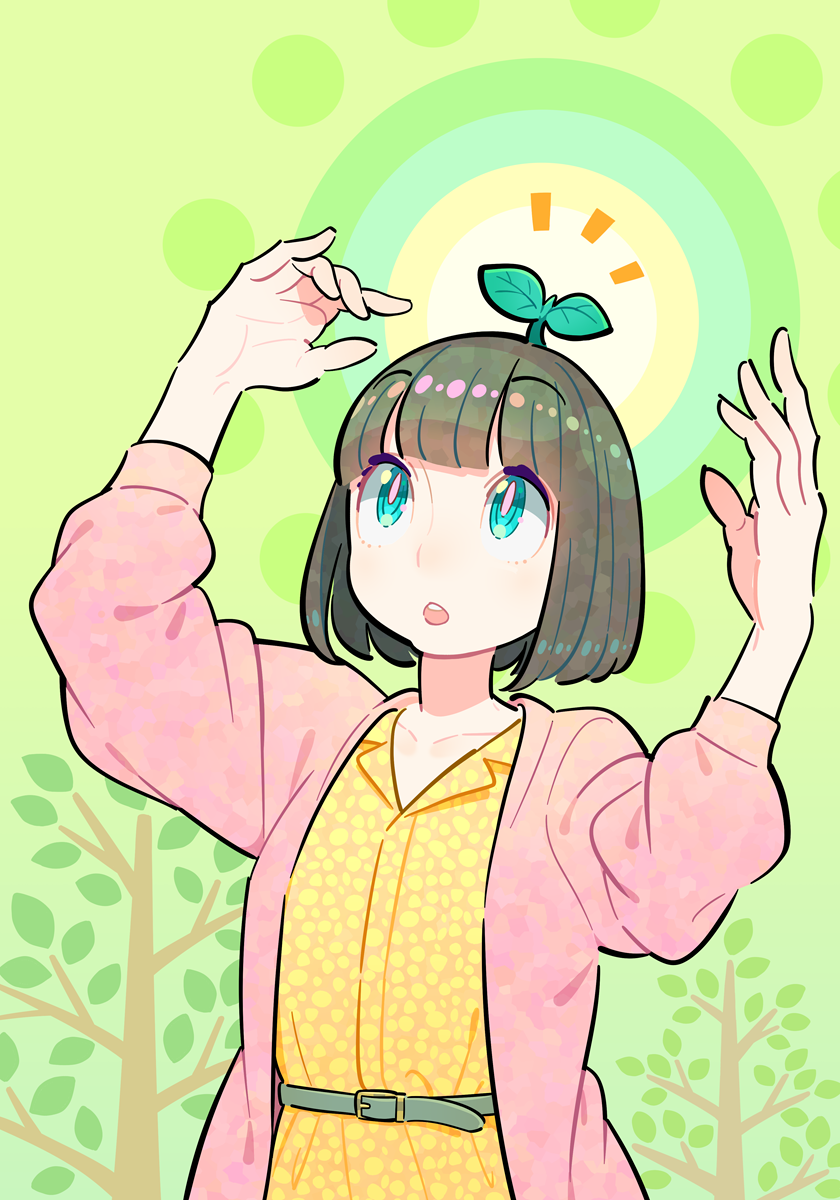 1girl, aqua_eyes, bangs, belt, black_hair, blunt_bangs, eyebrows_visible_through_hair, hands_up