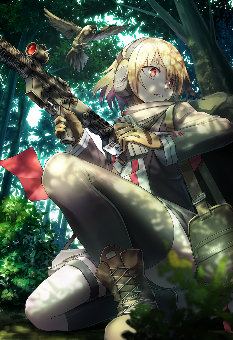 1girl, bird, blonde_hair, boots, commentary_request, eagle, forest, girls_frontline