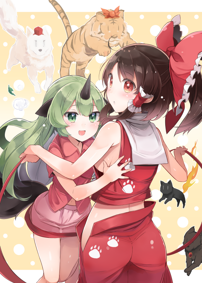 2girls, :d, ass, bangs, bare_arms, bare_shoulders, black_hair, blush