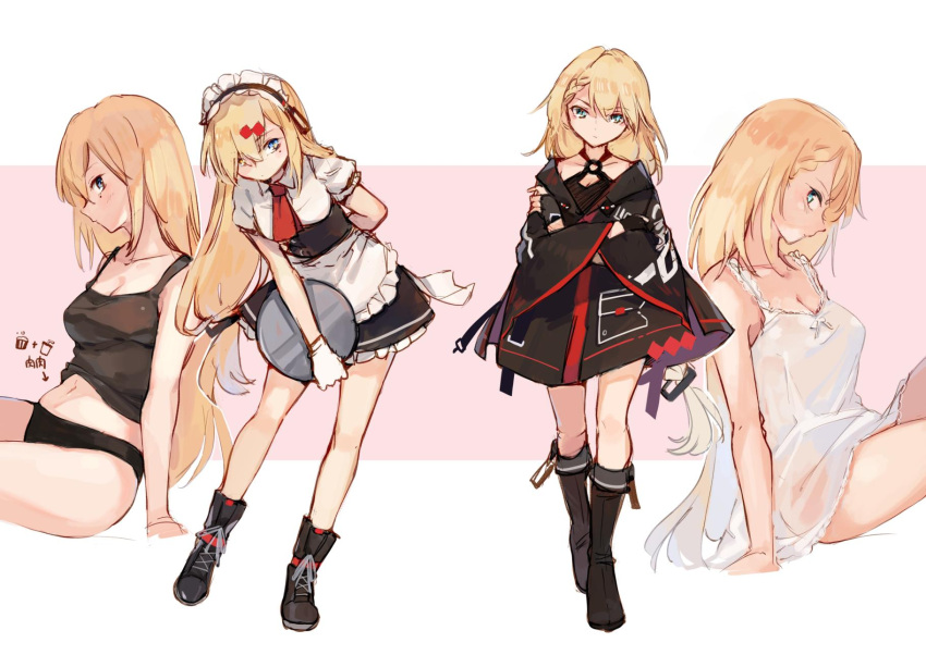2girls, ahoge, apron, asymmetrical_legwear, bangs, black_gloves, blonde_hair, blue_eyes