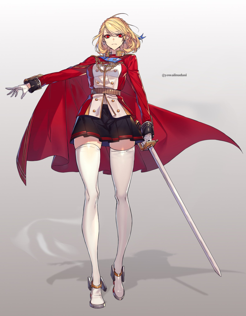 1girl, azur_lane, blue_ribbon, braid, cape, chain, character_request, commentary