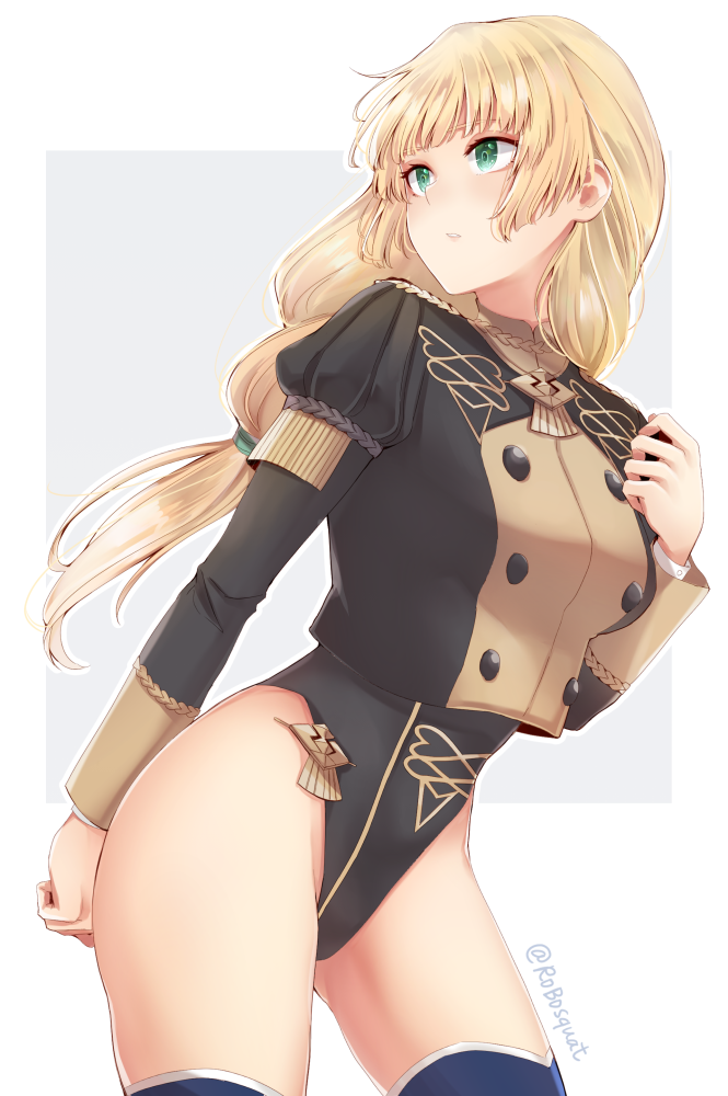 1girl, blonde_hair, braid, cravat, fire_emblem, fire_emblem:_three_houses, green_eyes, haigure_pose