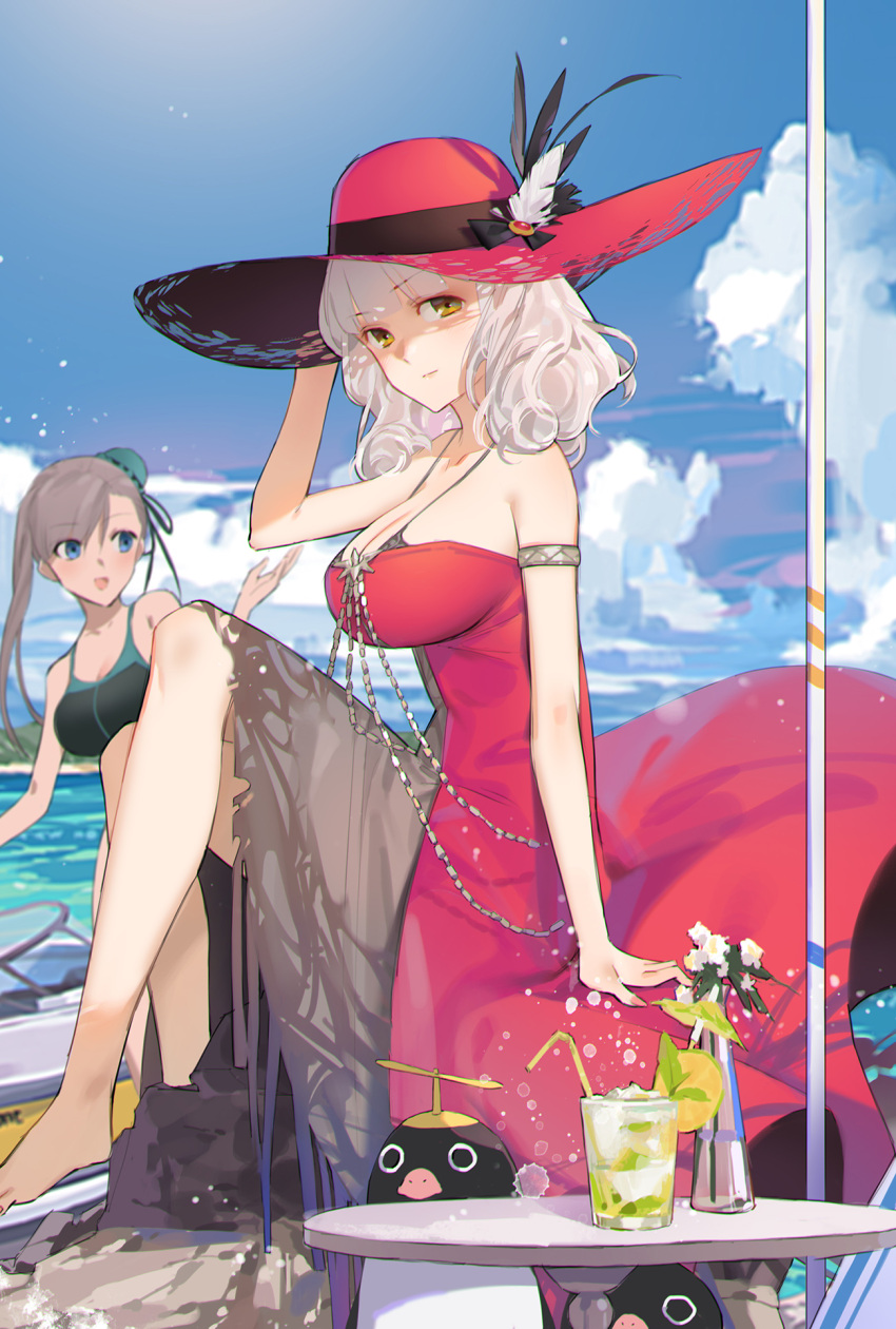 2girls, alternate_costume, asymmetrical_hair, black_swimsuit, blue_eyes, blue_sky, breasts, bun_cover
