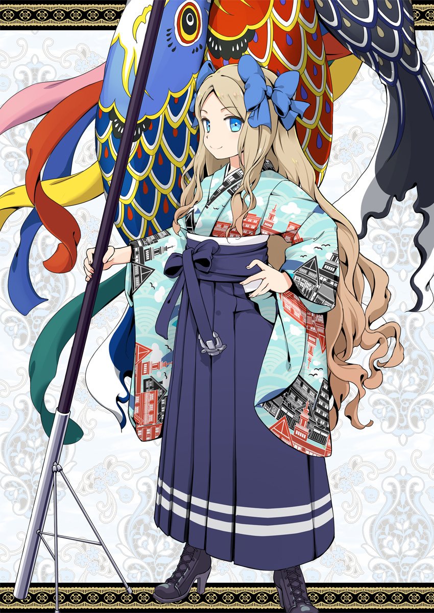 1girl, aka_ringo, asakaze_(kantai_collection), bangs, black_footwear, blue_bow, blue_eyes, blue_hakama