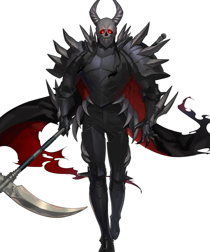 1boy, armor, armored_boots, boots, cape, death_knight_(fire_emblem), fangs, fire_emblem, fire_emblem:_three_houses, fire_emblem_heroes, full_body, gloves, glowing, glowing_eyes, helmet, highres, horns, looking_at_viewer, male_focus, official_art, red_eyes, scythe, solo, torn_clothes, transparent_background