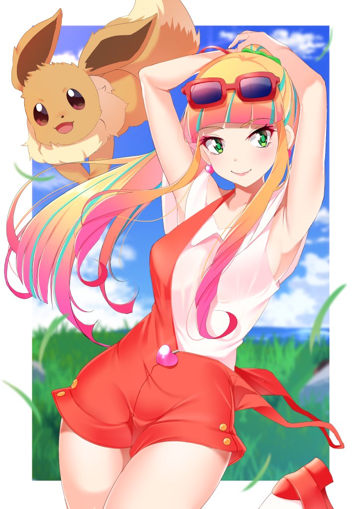 1girl, 1other, armpits, arms_up, bangs, blonde_hair, blunt_bangs, blush, breasts, character_request, creatures_(company), earrings, eevee, evolution_(specie), eyewear_on_head, game_freak, gen_1_pokemon, green_eyes, jewelry, kippuru, nintendo, olm_digital, pokemon, pokemon_(anime), pokemon_(creature), pokemon_(game), ponytail, sideboob, smile, suspenders