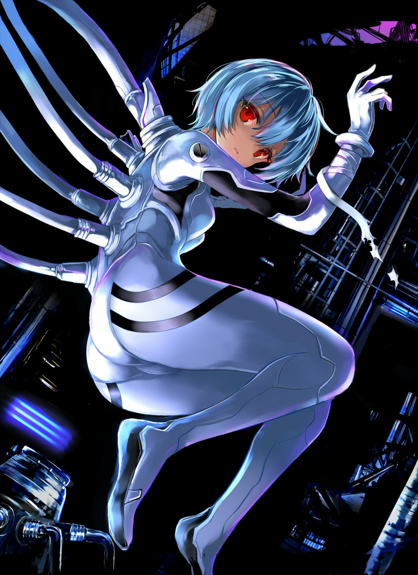 1girl, ass, ayanami_rei, blue_hair, bodysuit, breasts, cable, commentary_request