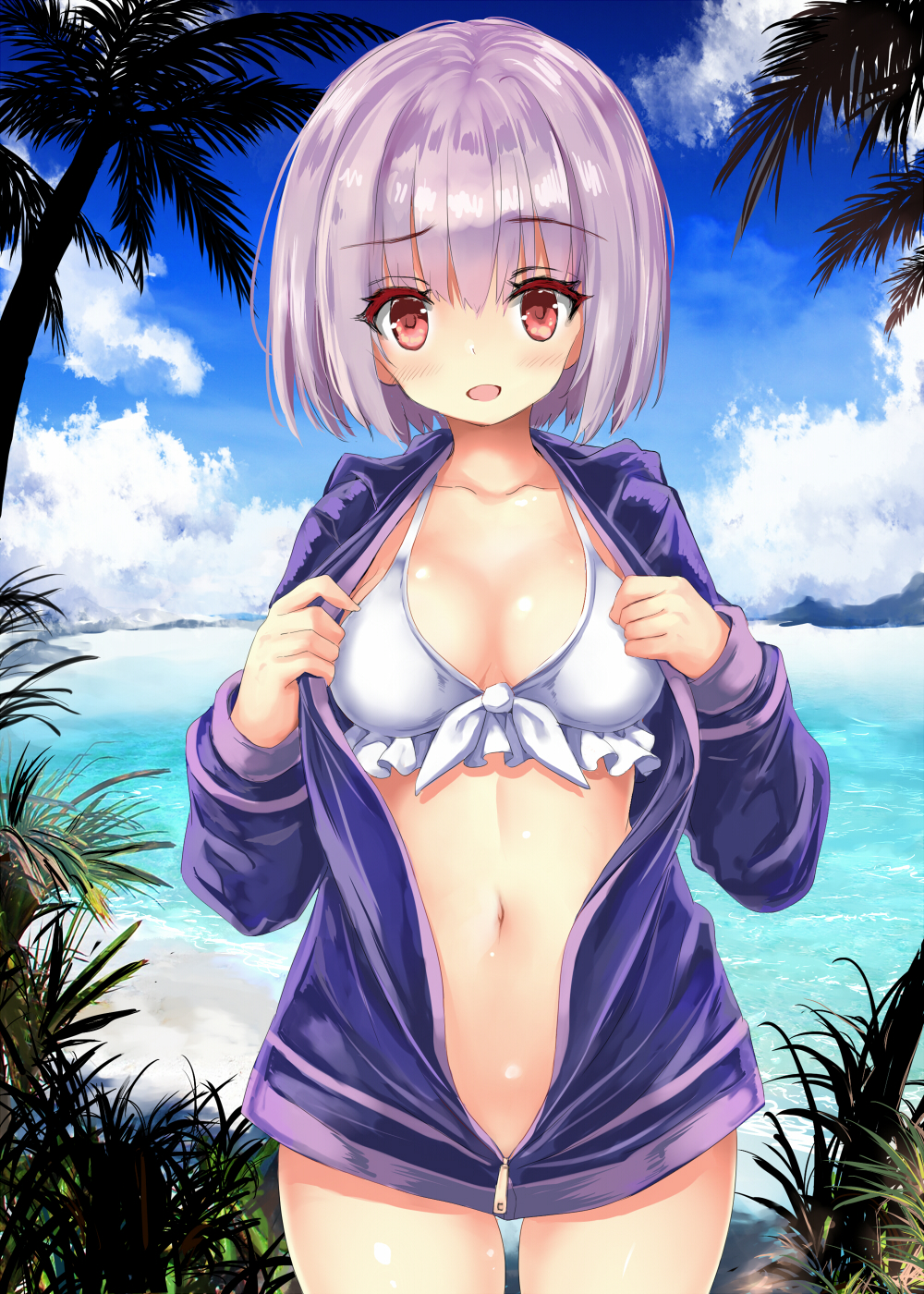 1girl, bangs, bikini, blue_jacket, blush, clouds, commentary_request, copyright_request