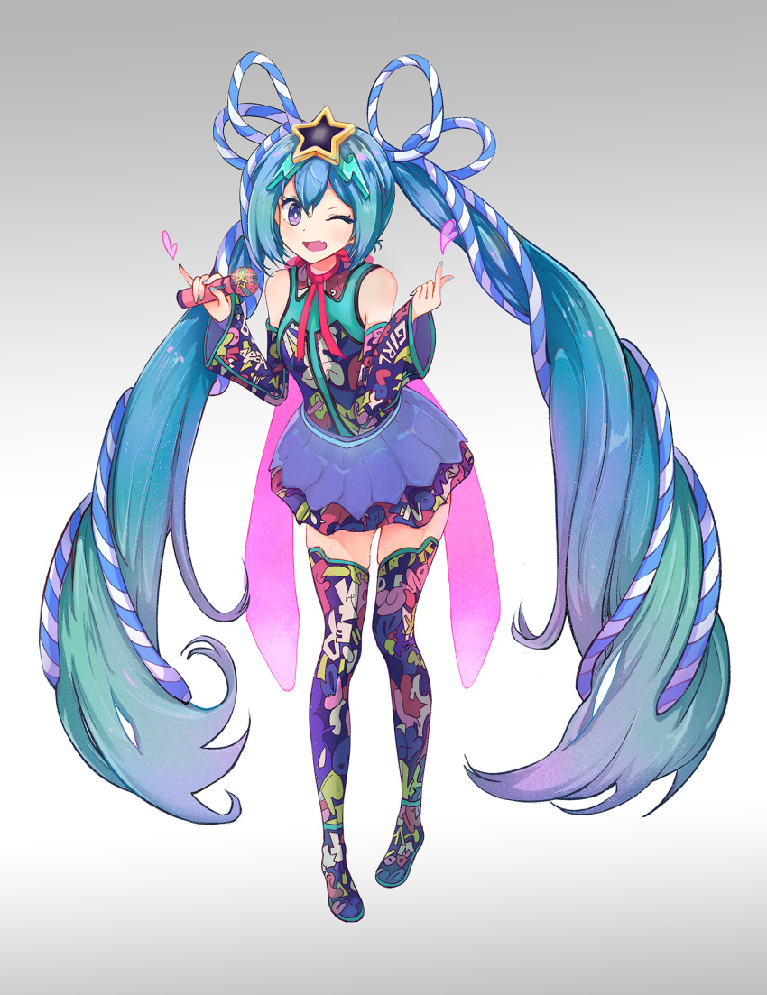 1girl, aqua_hair, bare_shoulders, blue_skirt, chinese_commentary, commentary, detached_sleeves, fang