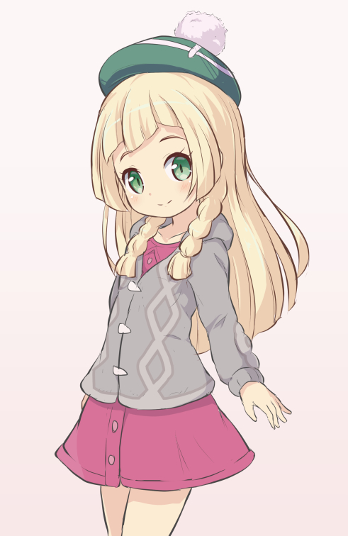 1girl, blonde_hair, braid, brown_background, cardigan, closed_mouth, collarbone, collared_dress, cosplay, cowboy_shot, dress, gloria_(pokemon), gloria_(pokemon)_(cosplay), green_hair, green_headwear, grey_cardigan, lillie_(pokemon), long_hair, long_sleeves, nekono_rin, pink_dress, pokemon, pokemon_(game), pokemon_sm, pokemon_swsh, side_braids, simple_background, smile, solo, tam_o'_shanter, twin_braids, very_long_hair