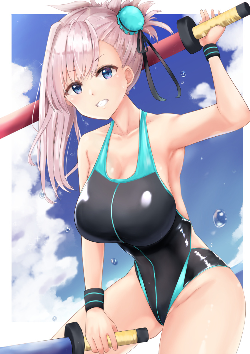 1girl, bangs, bare_shoulders, black_ribbon, black_swimsuit, blue_eyes, blue_sky, blue_swimsuit