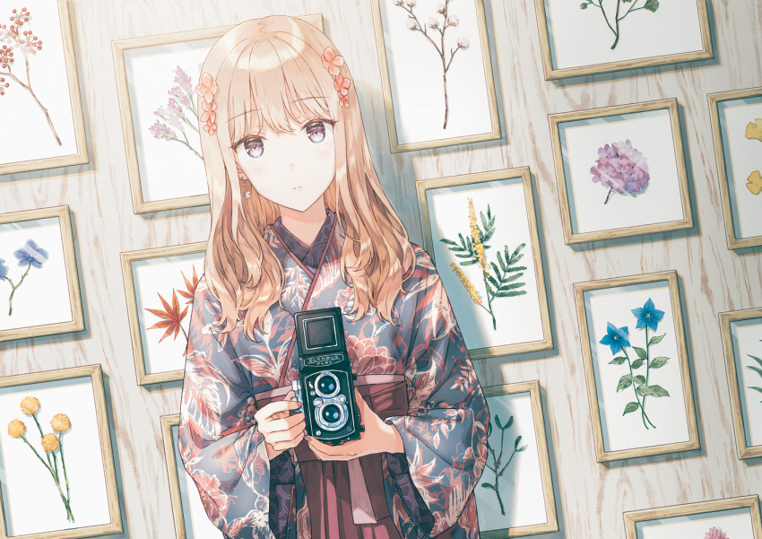 1girl, bangs, blonde_hair, blush, camera, commentary, commentary_request, earrings