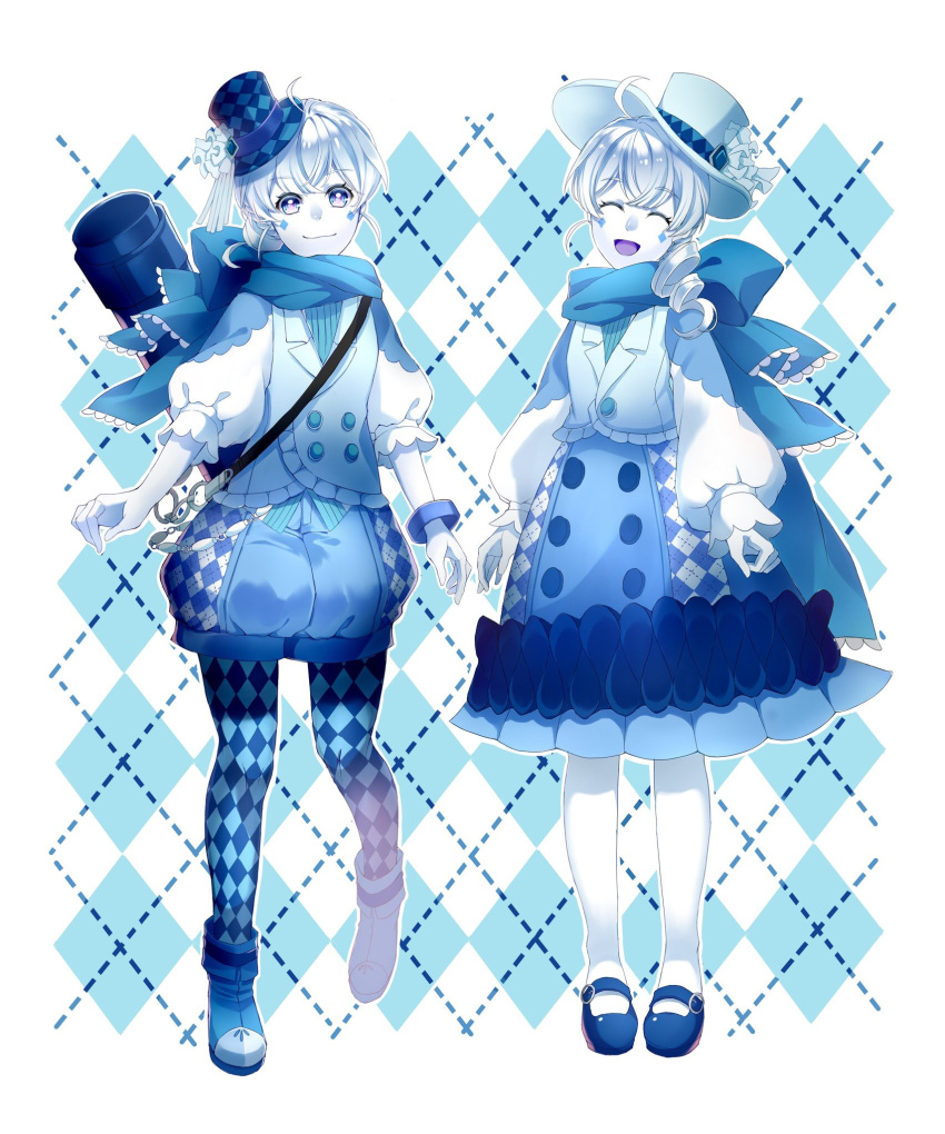2others, ahoge, androgynous, argyle, argyle_background, argyle_legwear, black_headwear, black_legwear