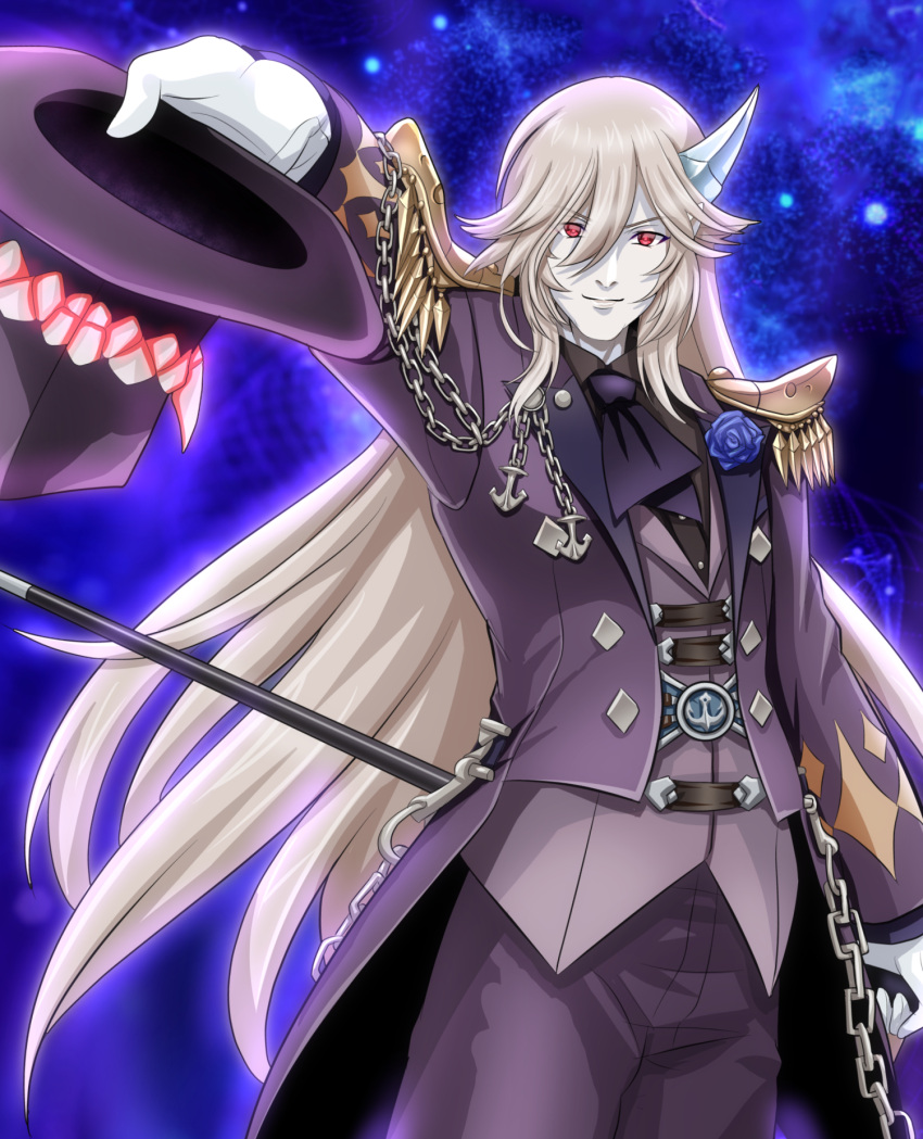 1boy, abyssal_chain_clown_oni, anchor, blue_background, blue_flower, cane, chain, flower, gloves, hat, highres, horn, kantai_collection, long_hair, purple_suit, rose, shinkaisei-kan, shoulder_blades, teeth, top_hat, white_hair, white_skin