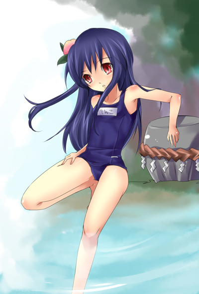 blue_hair, food, fruit, hinanawi_tenshi, keystone, long_hair, n2_(pixiv), name_tag, natsu_(ooo-ooo), one-piece_swimsuit, peach, peaches, school_swimsuit, shide, shimenawa, swimsuit, touhou, water