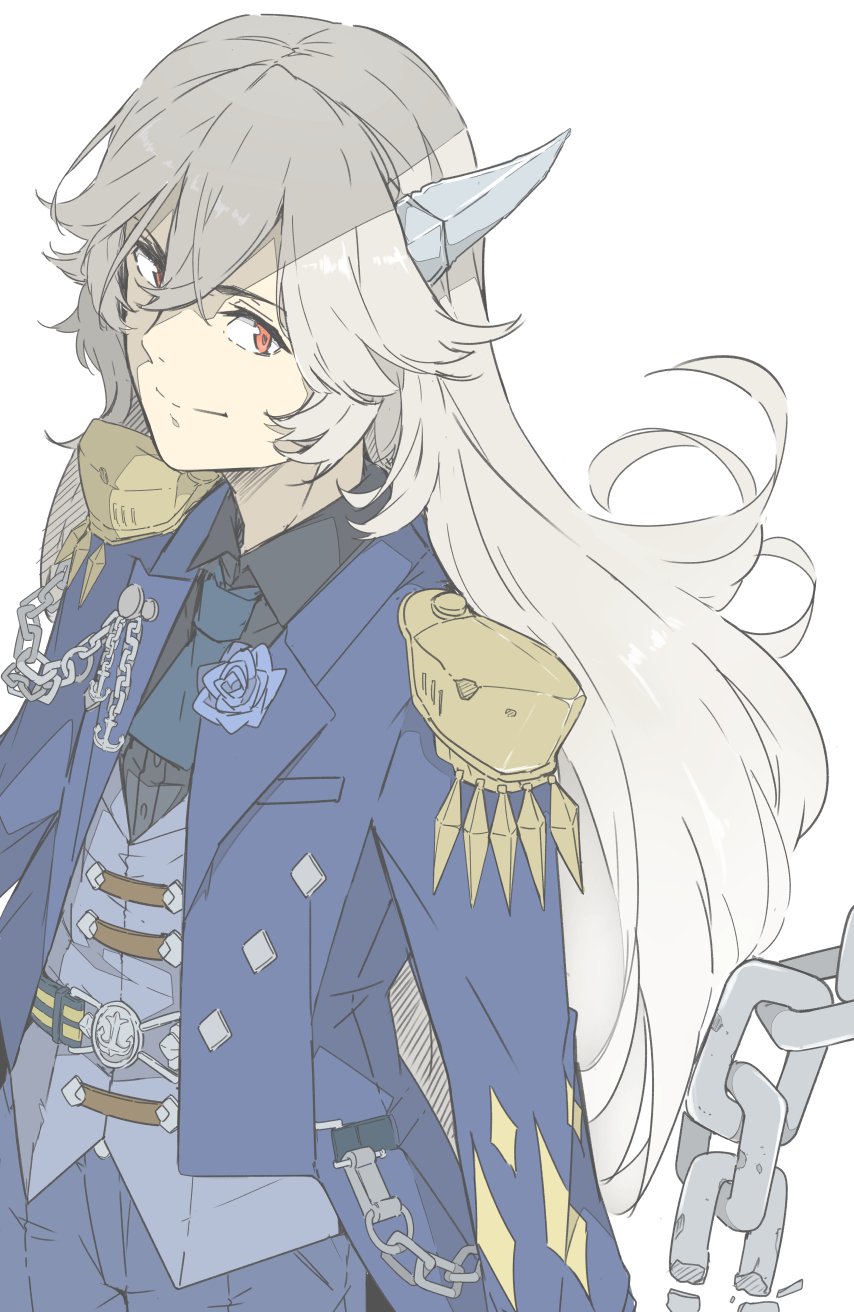 1boy, abyssal_chain_clown_oni, anchor, blue_flower, chain, flower, highres, horn