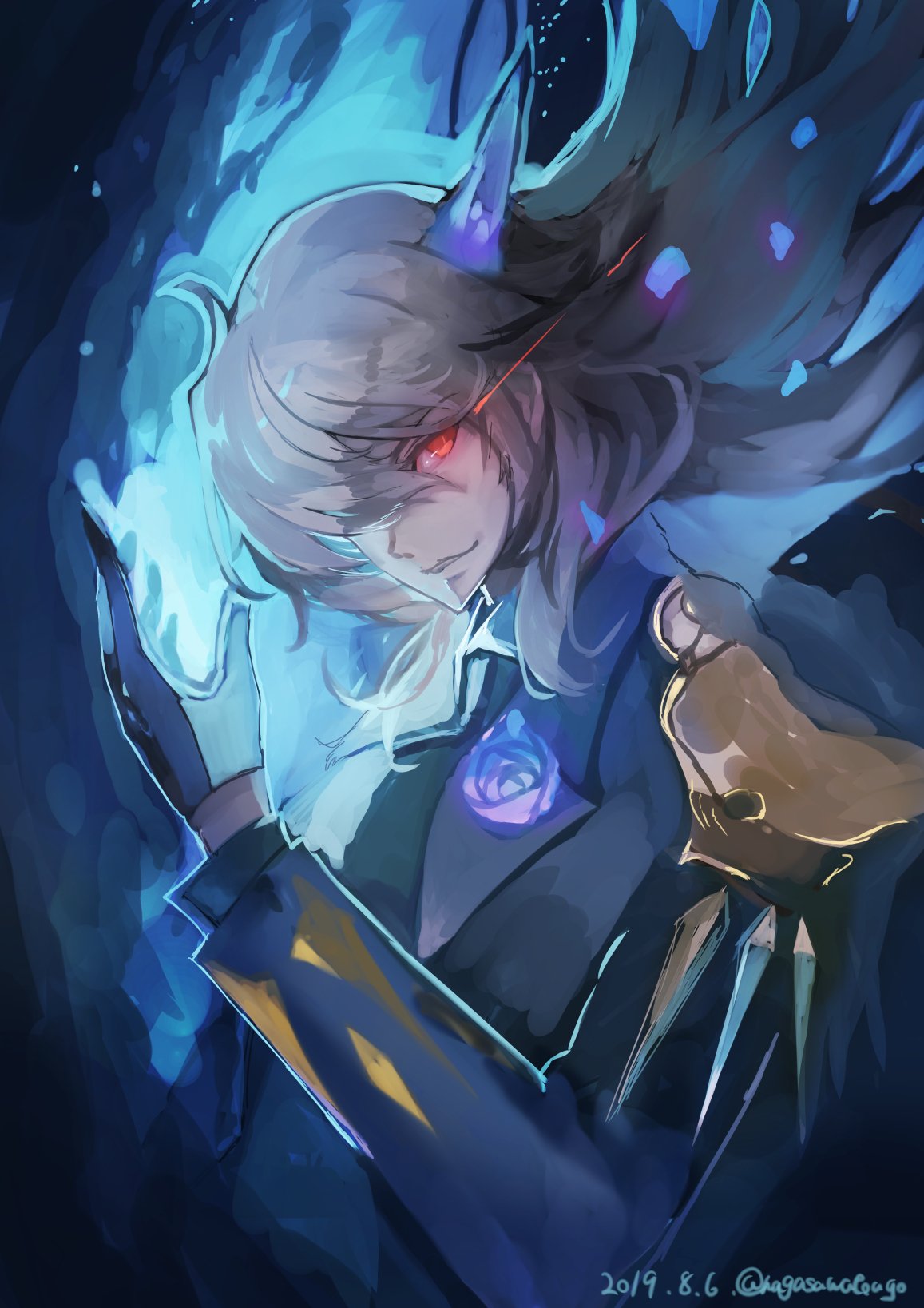 1boy, abyssal_chain_clown_oni, blue_background, blue_flower, flower, gloves, highres, kantai_collection