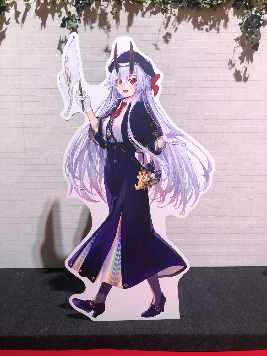 1girl, black_horns, brick_wall, cardboard_stand, character_doll, craft_essence, dress_shirt, fate/grand_order