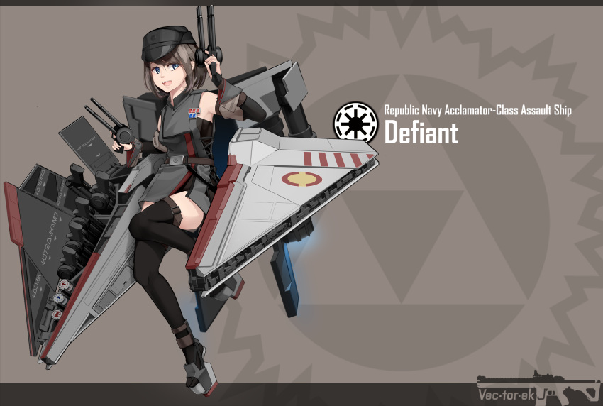 1girl, artist_name, defiant_(star_wars), galactic_republic, gun, hat, highres, mecha_musume