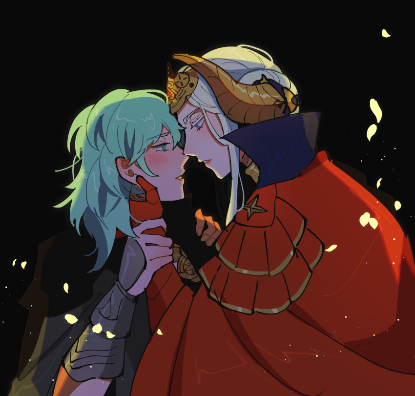 2girls, black_background, blush, byleth_(fire_emblem), byleth_eisner_(female), cape, edelgard_von_hresvelg, eye_contact
