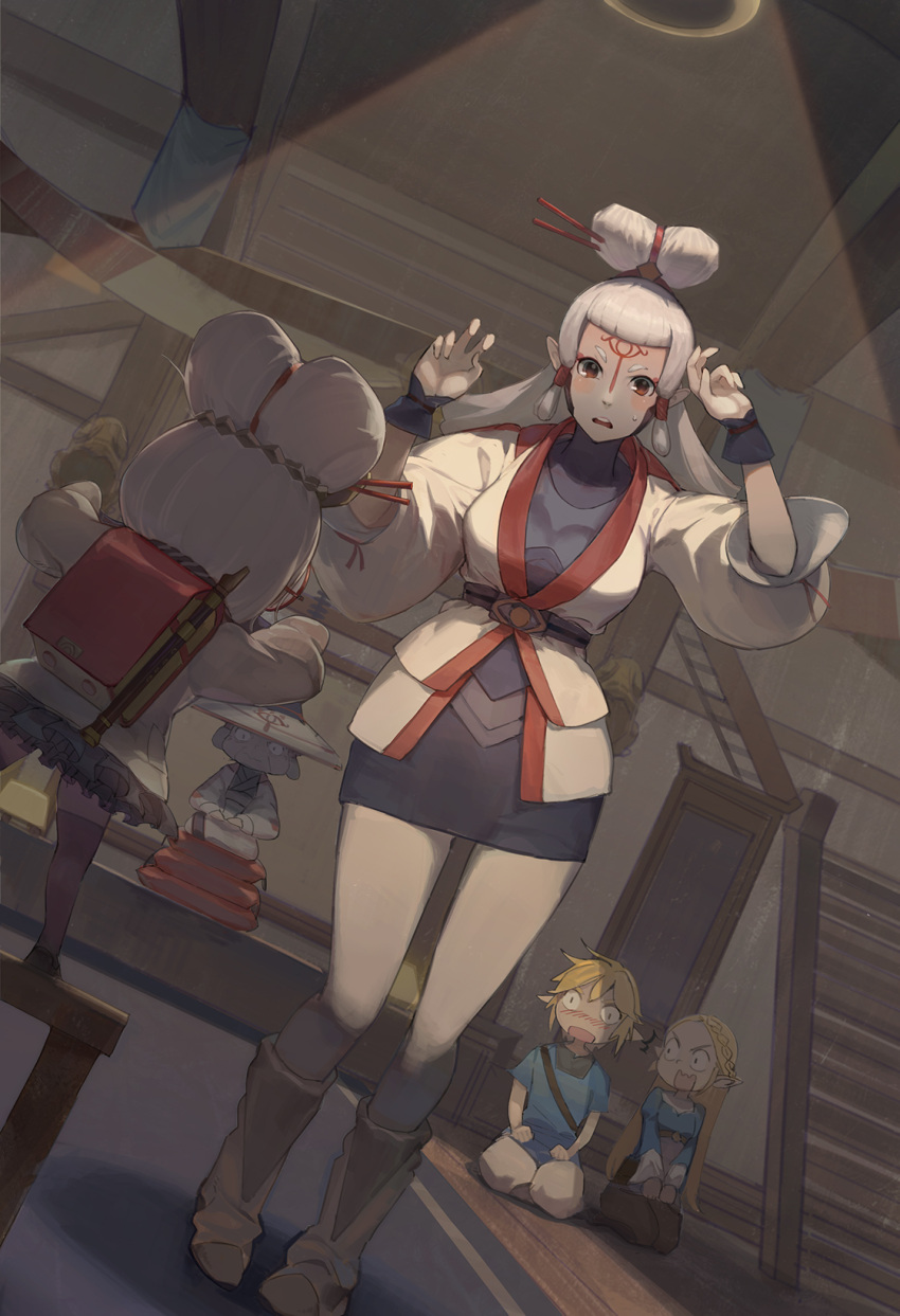 1boy, 4girls, angry, arms_up, backpack, bag, belt, blonde_hair