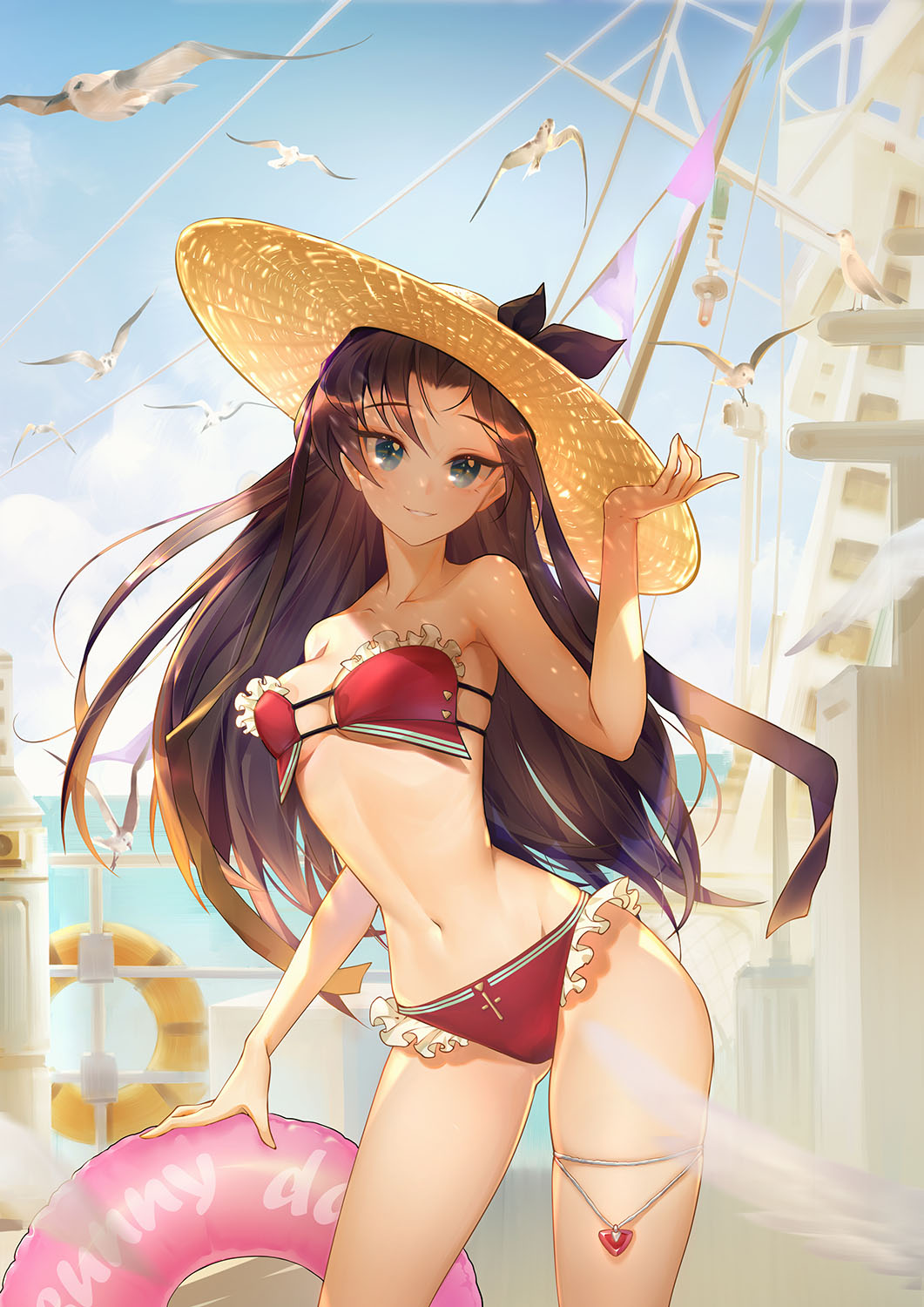 1girl, animal, beach, bikini, bird, blush, cute, emiya-san_chi_no_kyou_no_gohan