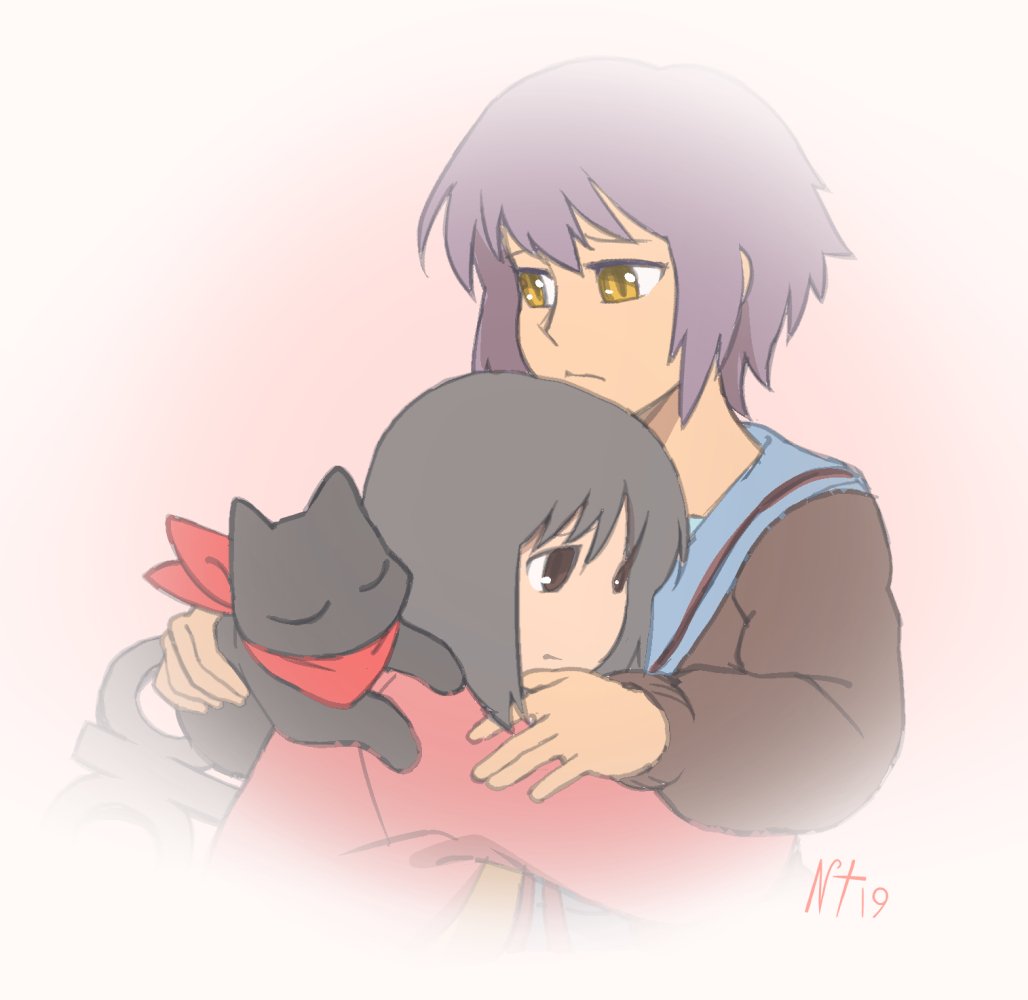 1other, 2girls, animal, animal_on_shoulder, black_cat, black_hair, blue_sailor_collar, brown_eyes