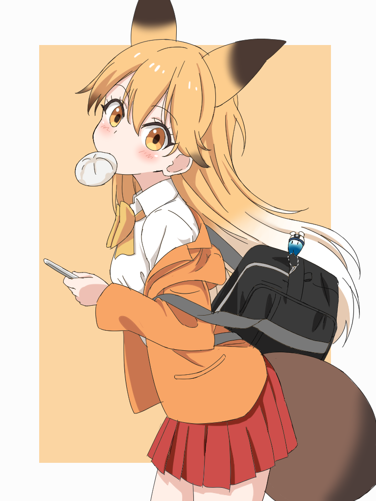 1girl, adapted_costume, animal_ears, bag, baozi, blush, bow, bowtie, collared_shirt, commentary, cowboy_shot, extra_ears, eyebrows_visible_through_hair, ezo_red_fox_(kemono_friends), food, food_in_mouth, fox_ears, fox_tail, ilyfon133, jacket, kemono_friends, lucky_beast_(kemono_friends), multicolored_hair, orange_eyes, orange_hair, orange_jacket, orange_neckwear, pleated_skirt, red_skirt, school_bag, school_uniform, shirt, shirt_on_shoulders, simple_background, skirt, solo, tail, white_hair, white_shirt