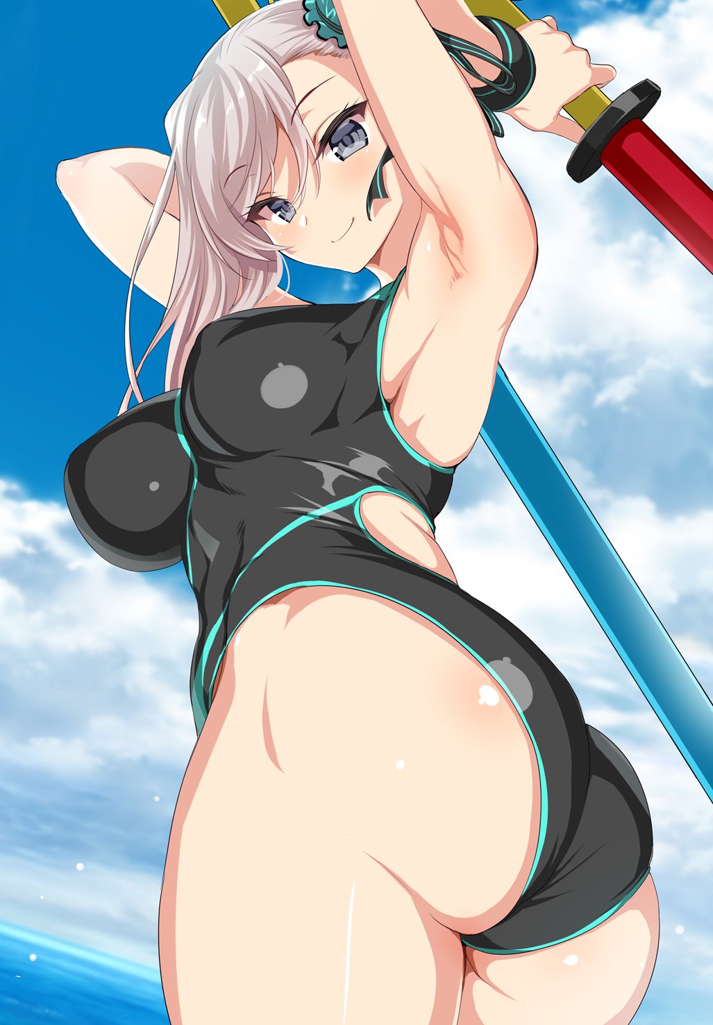 1girl, armpits, arms_behind_head, arms_up, ass, bangs, bare_shoulders, black_ribbon, black_swimsuit, blue_eyes, blue_sky, blue_swimsuit, blush, breasts, bun_cover, closed_mouth, fate/grand_order, fate_(series), hair_between_eyes, hair_bun, hair_ribbon, highleg, highleg_swimsuit, highres, kure_masahiro, large_breasts, long_hair, looking_at_viewer, miyamoto_musashi_(fate/grand_order), ocean, one-piece_swimsuit, pink_hair, ribbon, sky, smile, solo, swept_bangs, swimsuit, toy_sword, two-tone_swimsuit, wristband