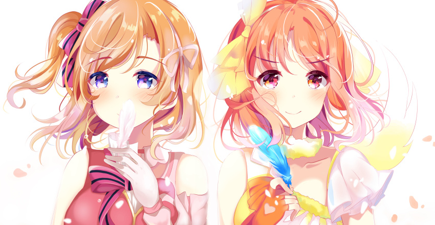 2girls, bangs, birthday, blue_eyes, blue_feathers, bokutachi_wa_hitotsu_no_hikari, commentary_request, daisuki_dattara_daijoubu!