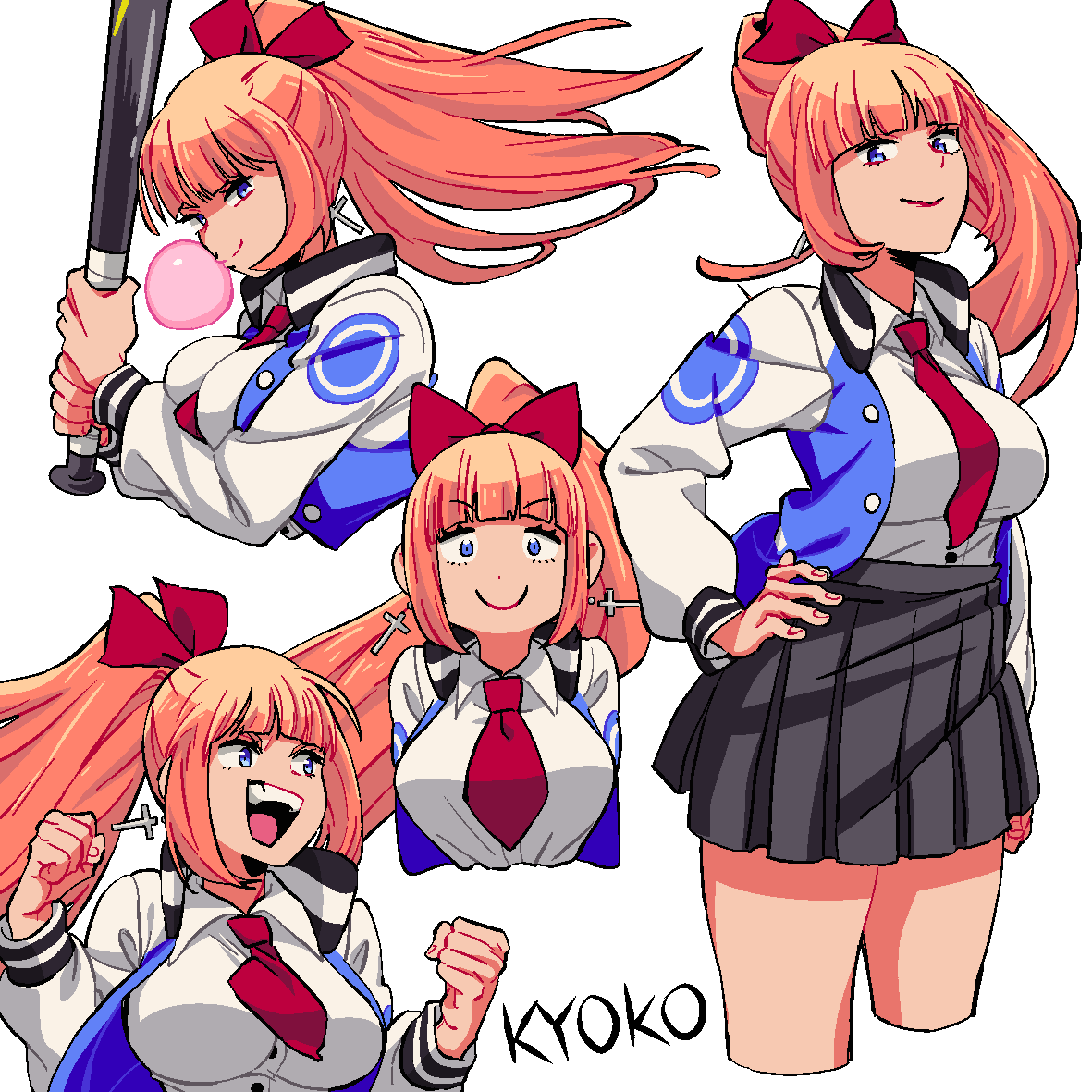 1girl, bangs, baseball_bat, blue_eyes, blunt_bangs, bow, breasts, character_name