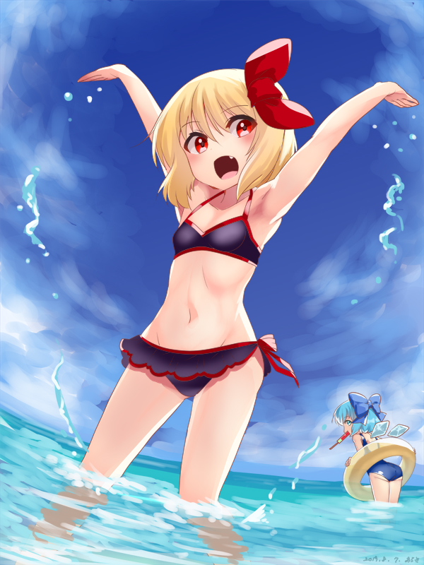2girls, alternate_costume, araki_(qbthgry), armpits, arms_up, bikini, black_bikini, blonde_hair