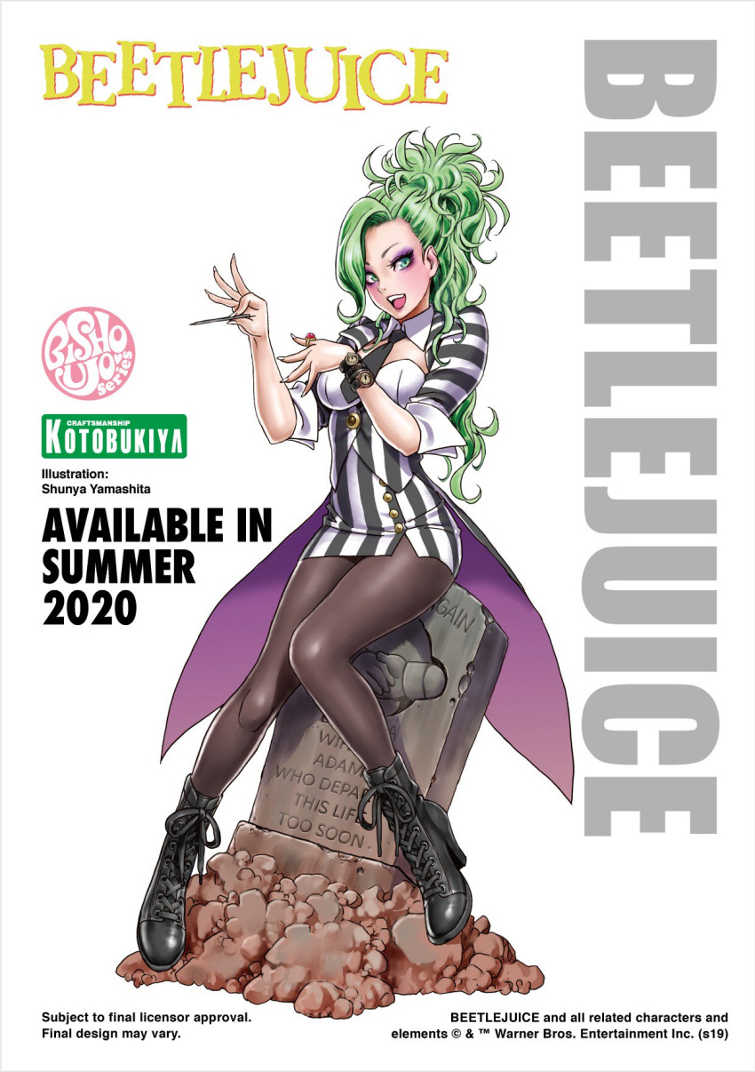 1girl, artist_name, beetlejuice, betelgeuse_(beetlejuice), black_legwear, black_neckwear, boots, bracelet